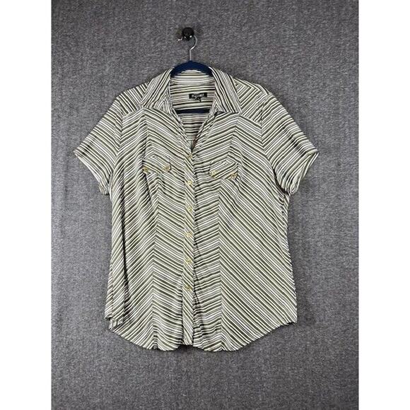 ROZ AND ALI Shirt Womens 1X Button Up Blouse Top Striped Short Sleeve White - Picture 1 of 6